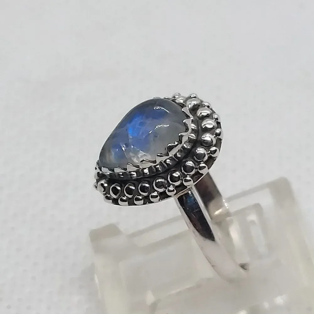 Ring 925 Sterling‎ Silver blue flash moonstone size 5